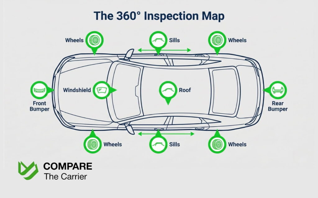  A 360-degree diagram showing key inspection points on a vehicle, including glass, bumpers, and roof integrity.