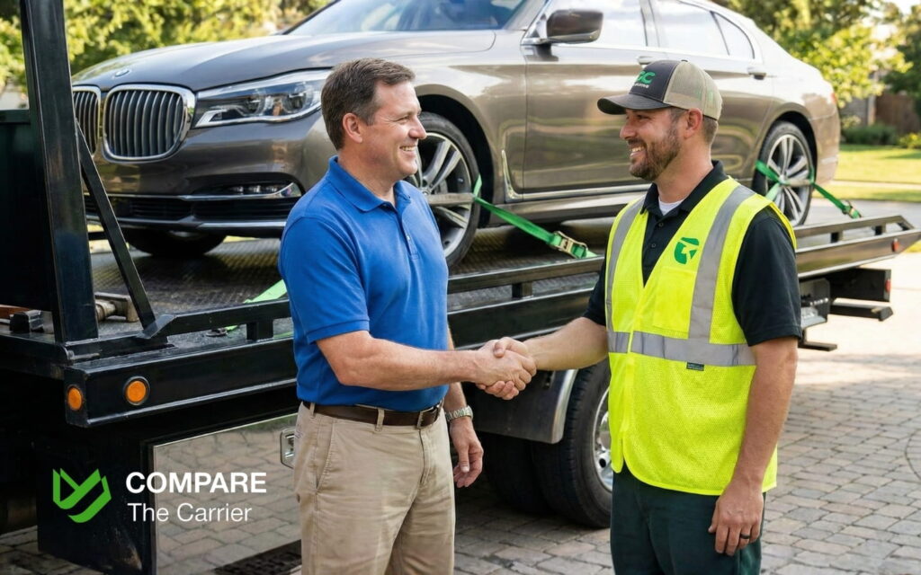A successful handshake between a car owner and a transport driver after completing the vehicle inspection.