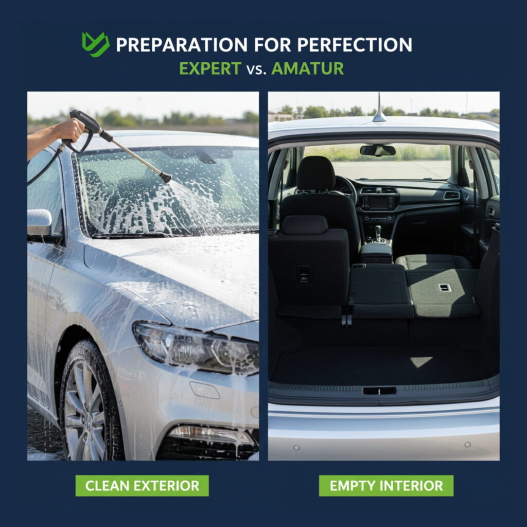 Side-by-side photos of a car being washed and an empty vehicle interior, illustrating proper shipping preparation.