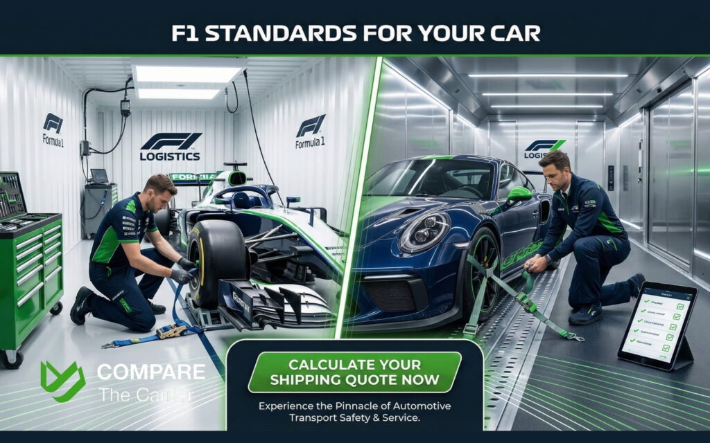 Professional enclosed car transport reflecting Formula 1 logistics standards.