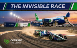 Formula 1 racing car on track with a cargo plane loading process in the background.