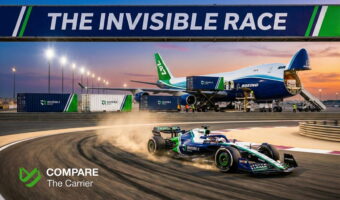 Formula 1 racing car on track with a cargo plane loading process in the background.