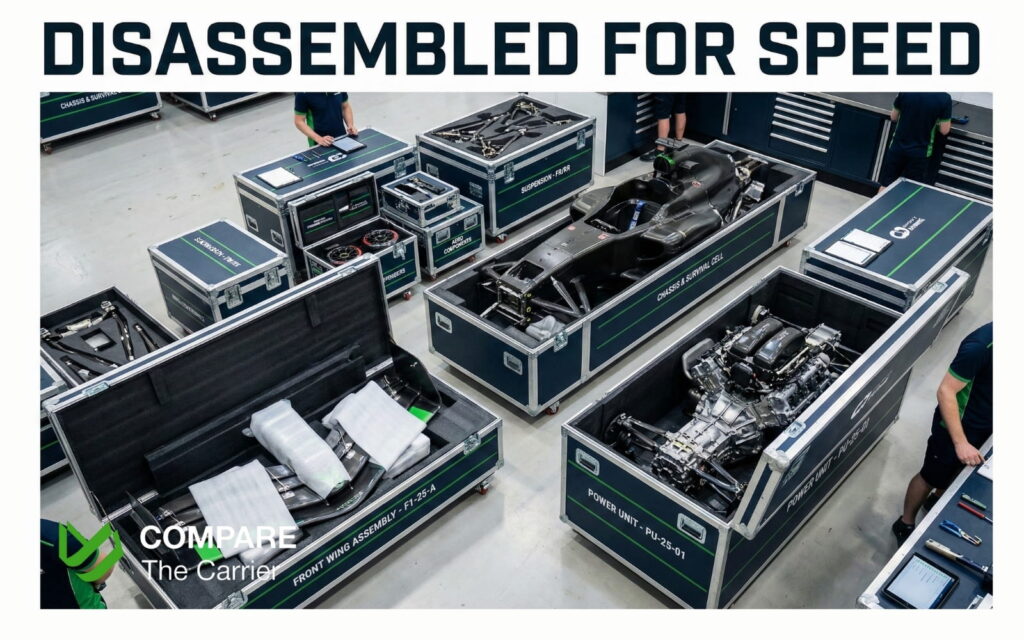 Disassembled Formula 1 car components packed into professional flight cases.