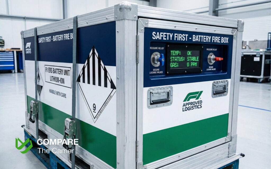 Specialized hazardous material container for transporting F1 hybrid batteries.