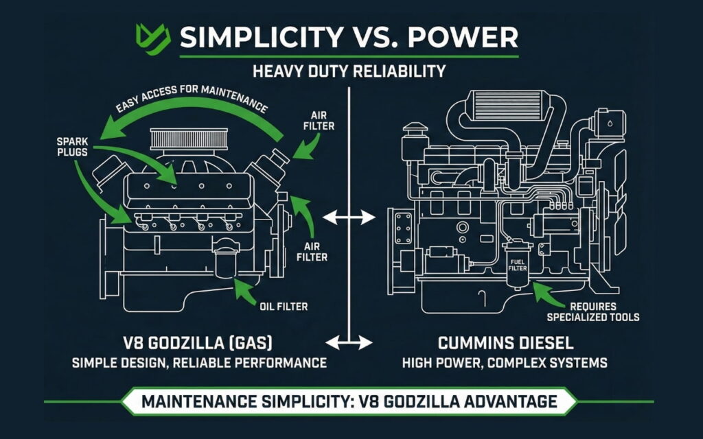 Most reliable pickup trucks for every budget (1) Technical illustration highlighting the maintenance simplicity of a large displacement V8 gas engine compared to a diesel engine.