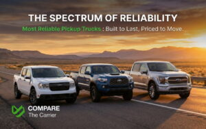 Three different pickup trucks parked on a scenic highway at sunset, representing budget, mid-size, and full-size options.