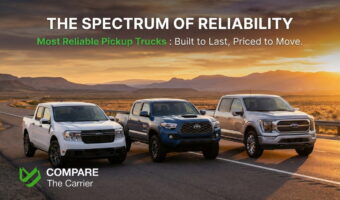 Three different pickup trucks parked on a scenic highway at sunset, representing budget, mid-size, and full-size options.