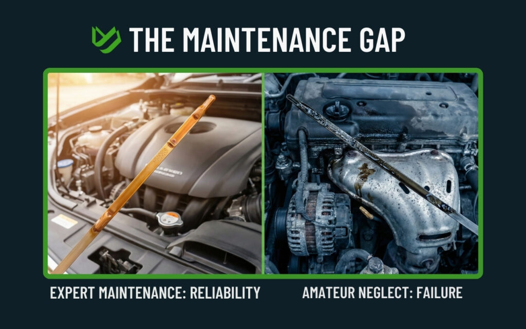 Most reliable pickup trucks for every budget (5) Close-up comparison of a clean oil dipstick versus dirty, neglected engine components.