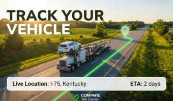 High-angle photo of a white SUV on an open car carrier with a glowing green GPS route overlay on a sunny highway.