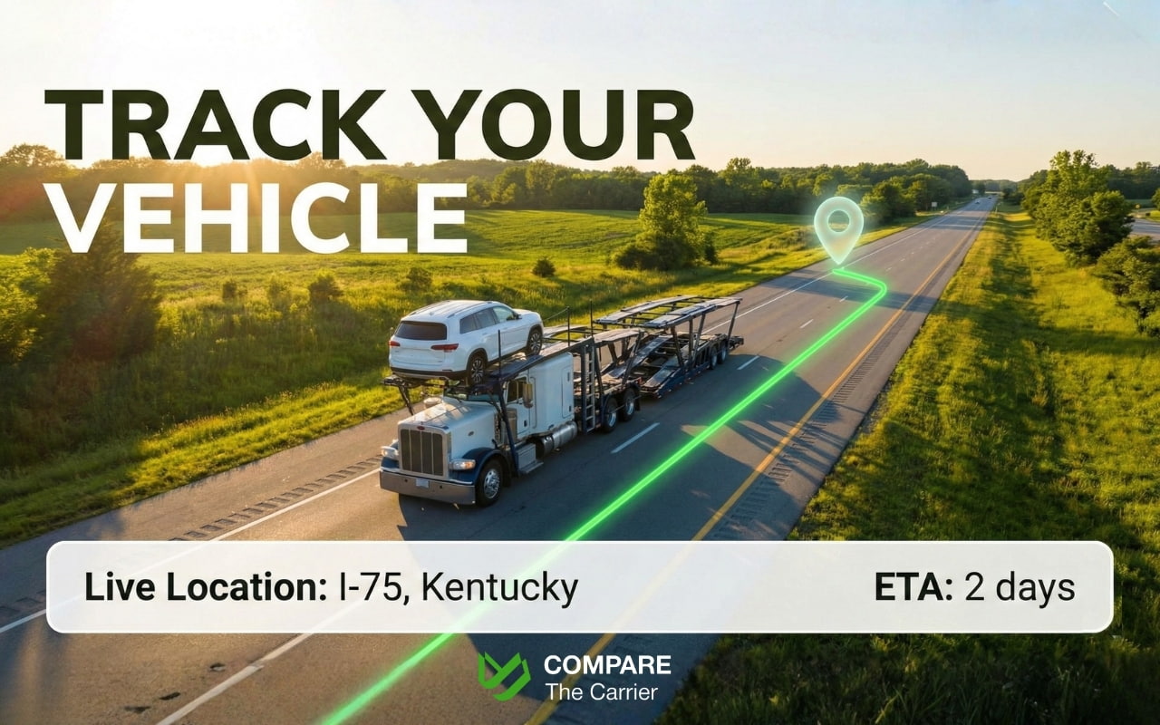 High-angle photo of a white SUV on an open car carrier with a glowing green GPS route overlay on a sunny highway.