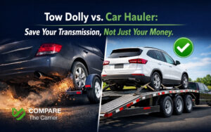 Comparison of a car on a tow dolly versus a professional car hauler trailer.