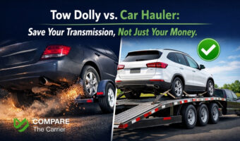 Comparison of a car on a tow dolly versus a professional car hauler trailer.