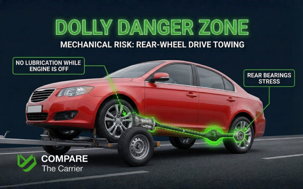 Tow dolly vs. car hauler (2) Infographic showing mechanical stress and transmission risks of using a tow dolly for long distances.