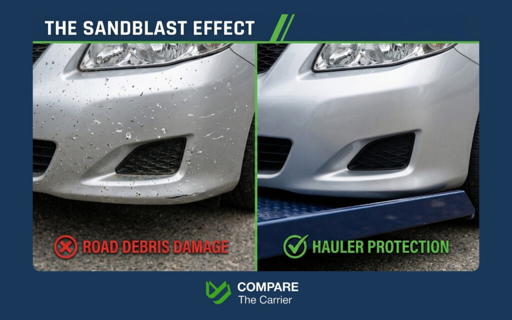 Tow dolly vs. car hauler (4) Close-up comparison of road debris damage on a towed car versus a hauled car.