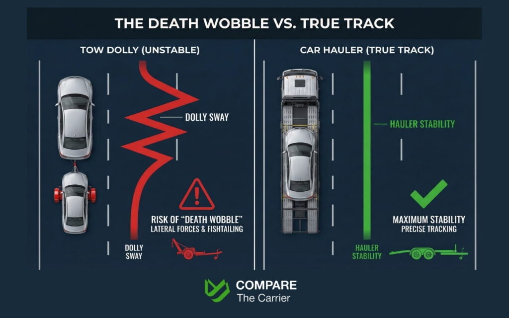 Tow dolly vs. car hauler (5) Physics diagram illustrating trailer sway on a tow dolly compared to the stability of a tandem-axle car hauler.