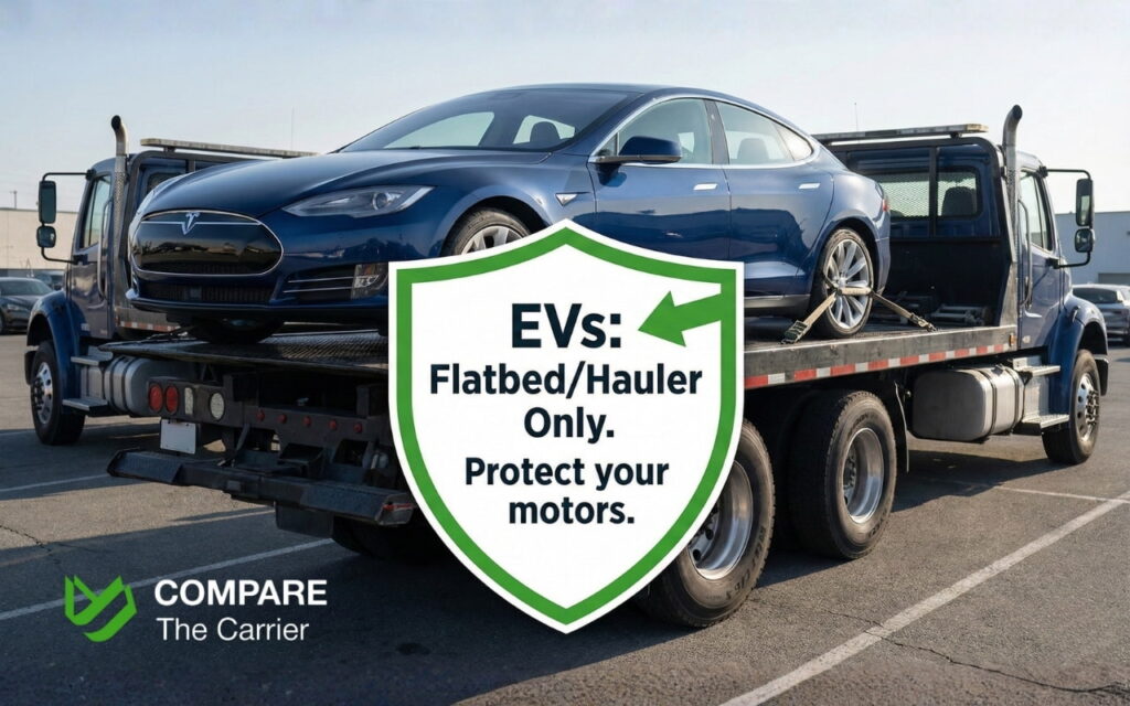 Tow dolly vs. car hauler (6) Modern electric vehicle (EV) being safely loaded onto a professional car hauler to prevent motor damage.