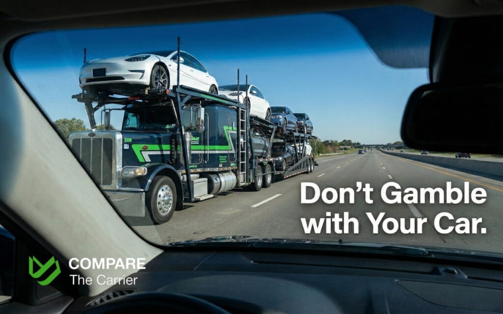 Tow dolly vs. car hauler (7) Professional car transport truck driving on a multi-lane highway under a clear sky.