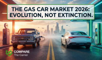 Comparison of gas-powered SUV and electric vehicle at a crossroads, symbolizing the 5-year resale value forecast.