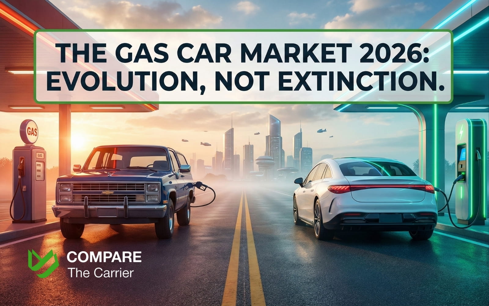 Comparison of gas-powered SUV and electric vehicle at a crossroads, symbolizing the 5-year resale value forecast.