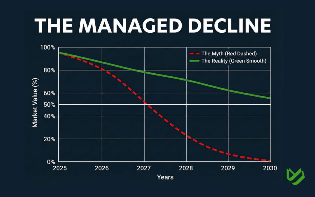 Infographic showing the projected depreciation curve of internal combustion engine vehicles versus the market crash myth.