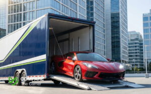 Luxury supercar being unloaded from a premium enclosed auto transport trailer.