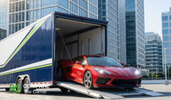 Luxury supercar being unloaded from a premium enclosed auto transport trailer.