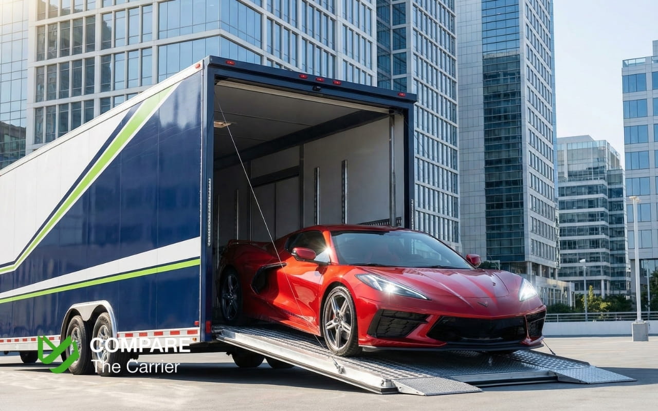 Luxury supercar being unloaded from a premium enclosed auto transport trailer.