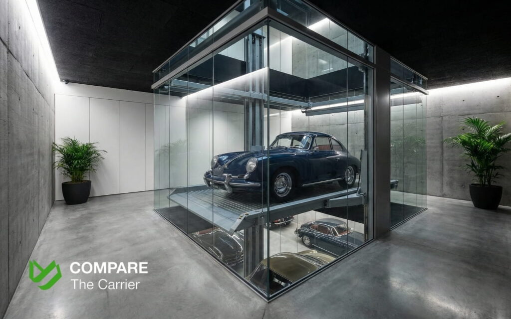 World’s best car collections in 2026 (4) Modern multi-story car lift in a private underground Manhattan garage.
