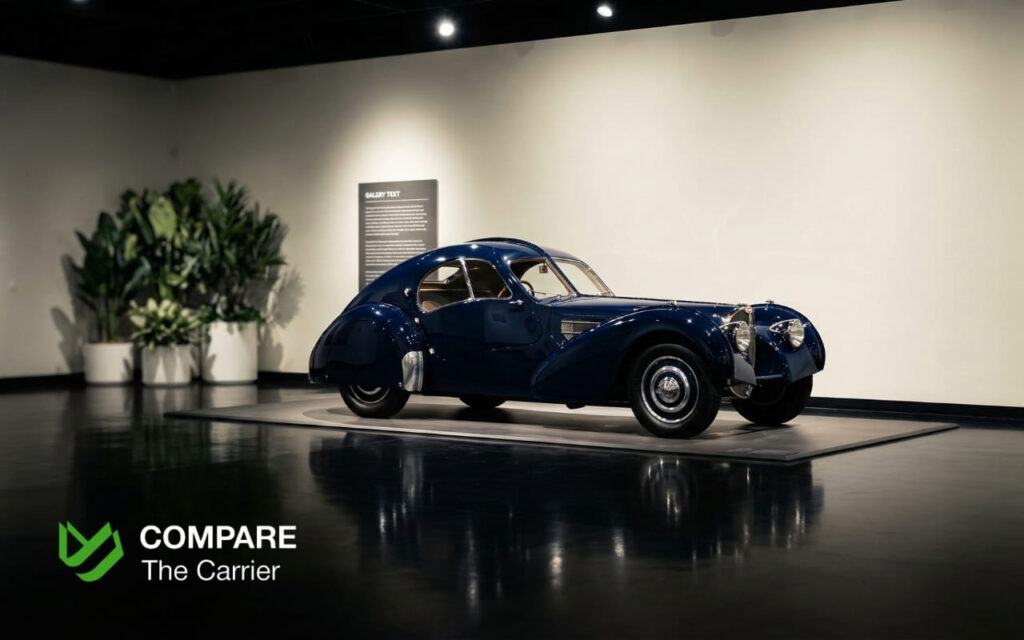 World’s best car collections in 2026 (5) The 1938 Bugatti Type 57SC Atlantic in a minimalist black-and-white gallery setting.
