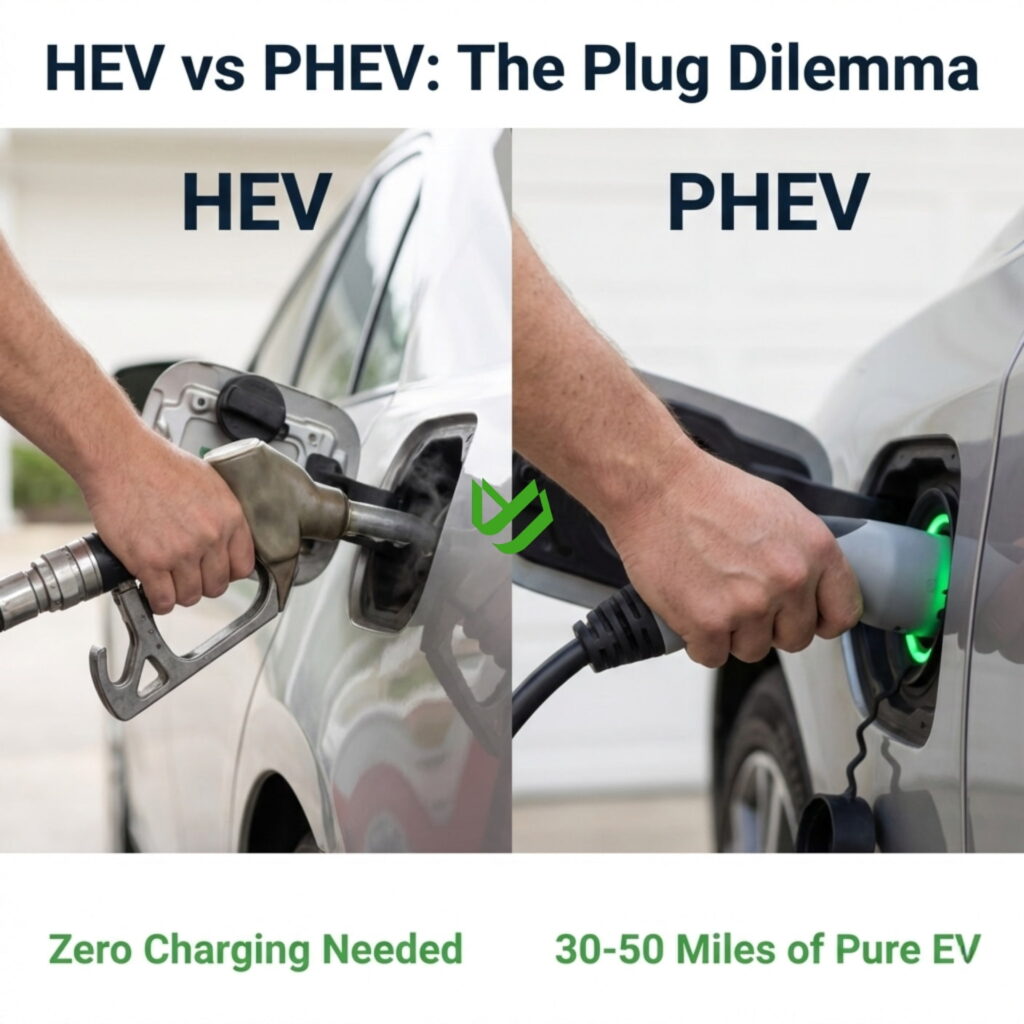 Best MPG Hybrid Cars of 202526 (1) Visual comparison between refueling a standard hybrid and charging a plug-in hybrid car.