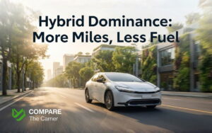 A white 2026 Toyota Prius driving through a modern green city district at sunrise.