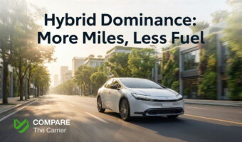 A white 2026 Toyota Prius driving through a modern green city district at sunrise.