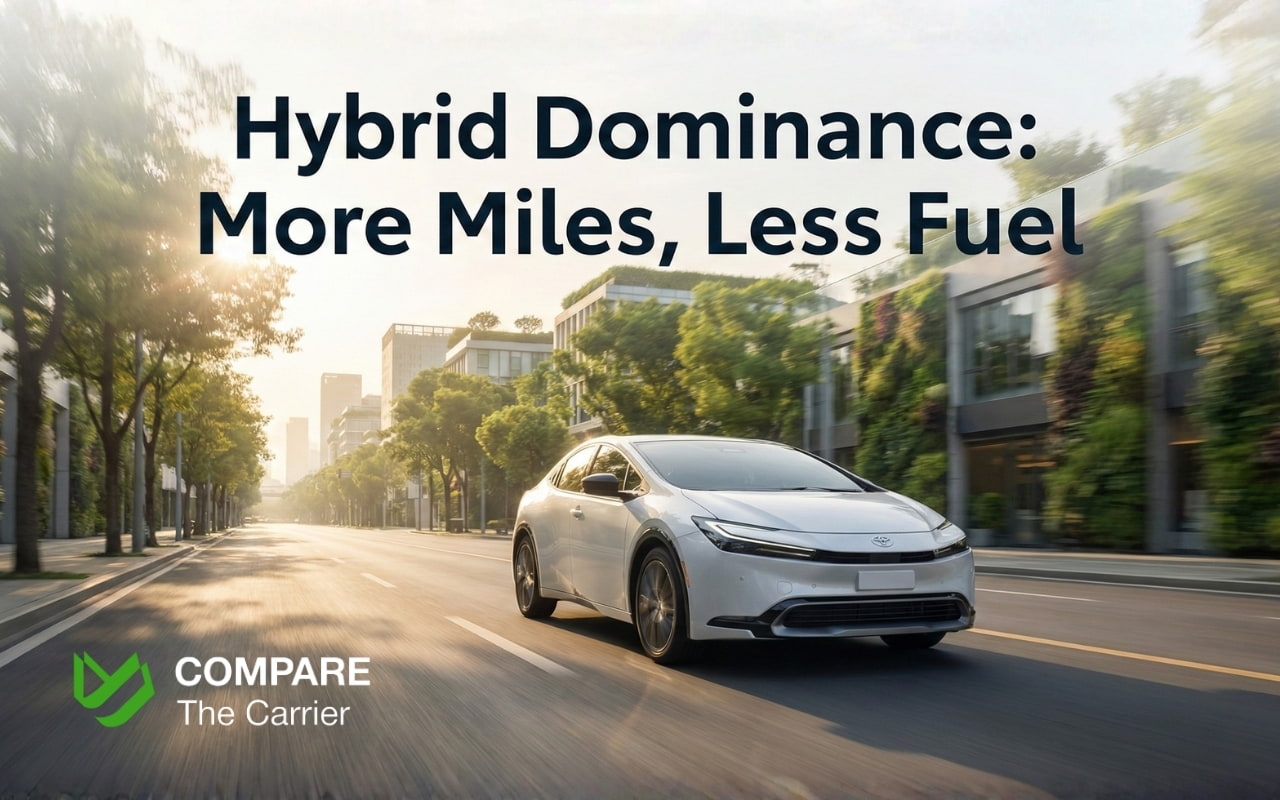 A white 2026 Toyota Prius driving through a modern green city district at sunrise.