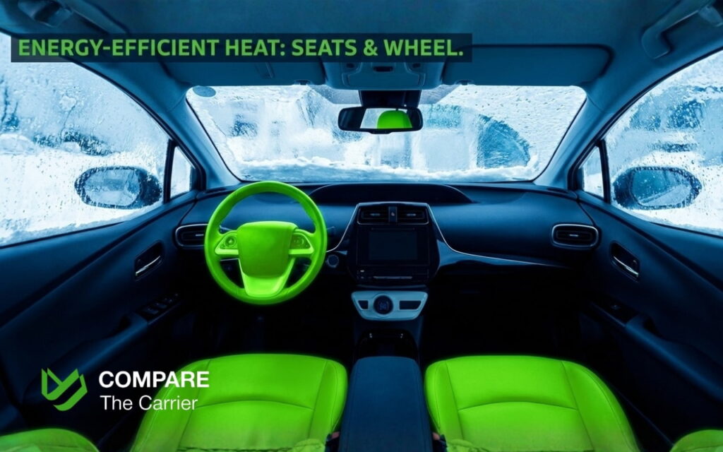 Best MPG Hybrid Cars of 202526 (3) Thermal representation of heated car seats as an energy-saving alternative to cabin heating in winter.