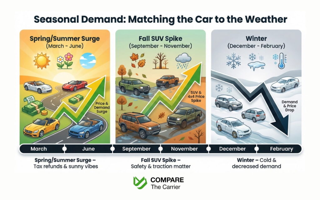 Graphical representation of seasonal demand for cars with a peak in the spring and fall SUV wave.