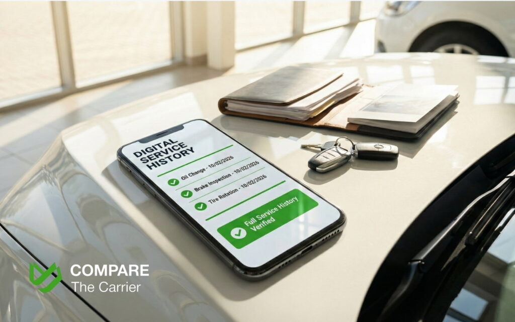 Smartphone displaying a digital car service history with green checkmarks.