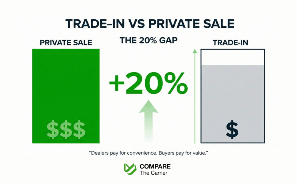  Comparison chart showing the profit difference between a private car sale and a dealer trade-in.