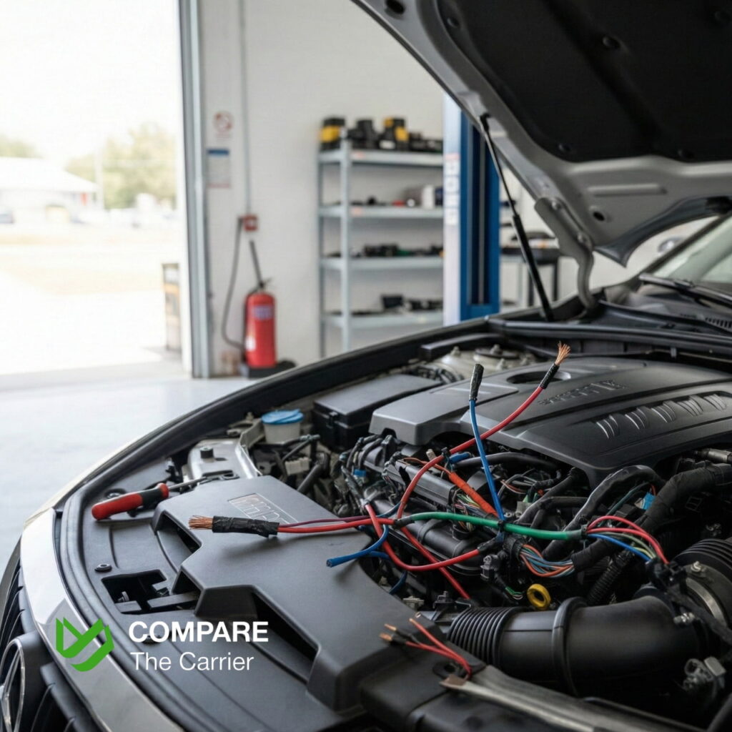 Car engine with exposed aftermarket wiring showing DIY modification risks.