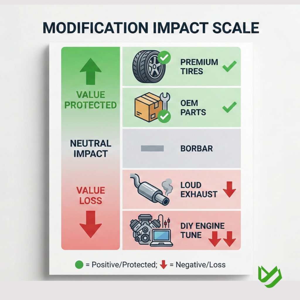 Vertical infographic showing how different car modifications affect resale value.