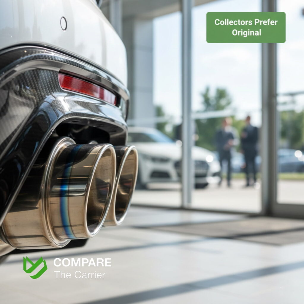 Close-up of aftermarket car exhaust in bright outdoor lighting.