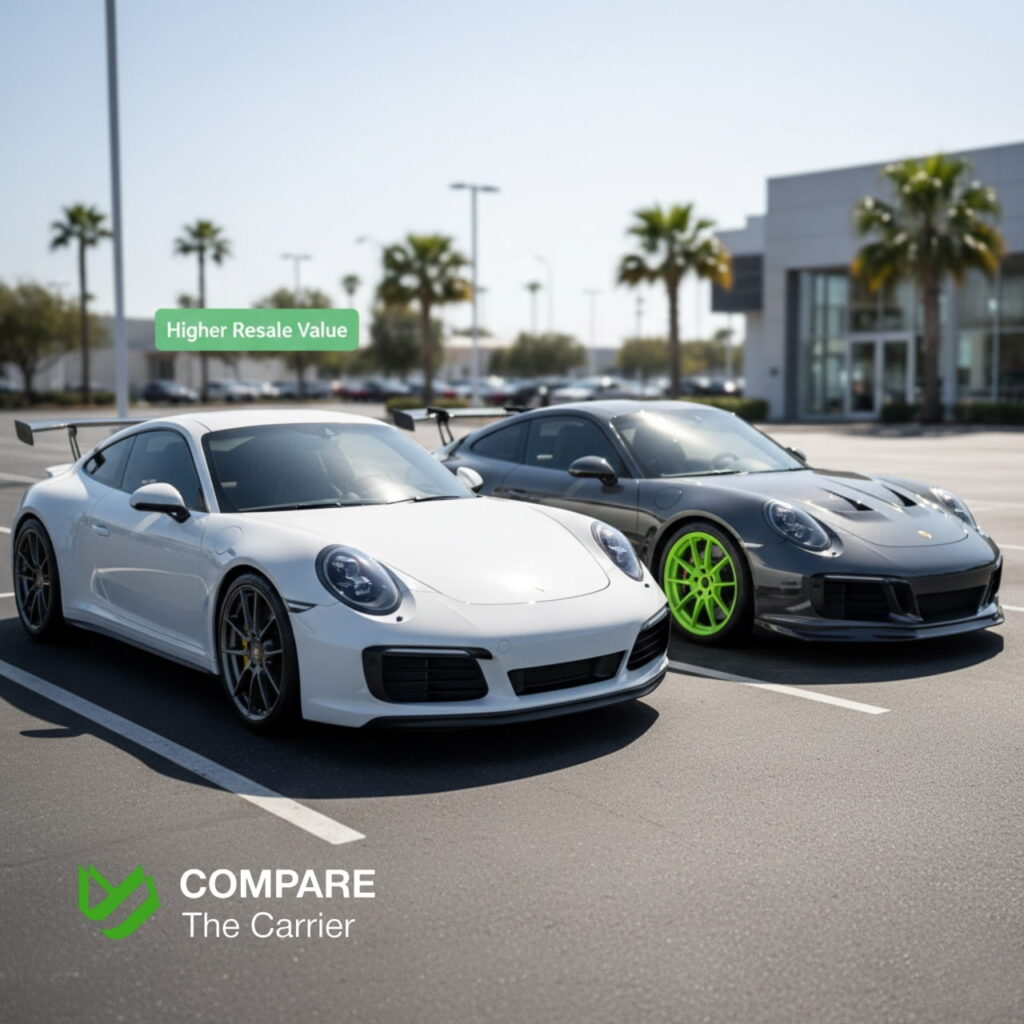 Stock and modified cars side by side in bright daylight highlighting resale value differences.