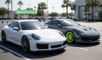 Stock and modified cars side by side in bright daylight highlighting resale value differences.