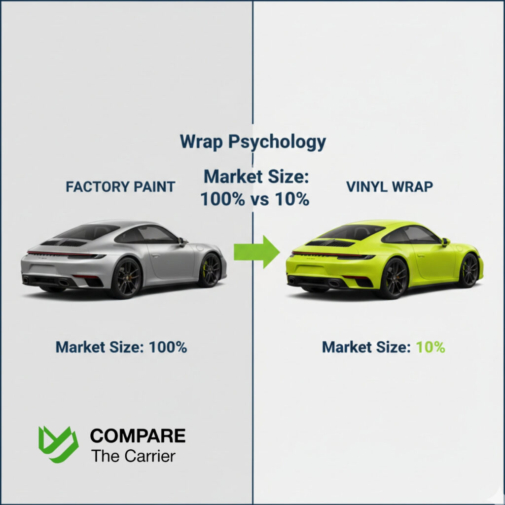 Comparison between factory paint and bright vinyl wrap showing buyer appeal difference.