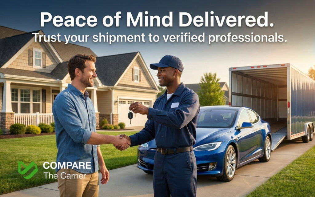 Happy customer receiving car keys from a professional transport driver, symbolizing a successful and safe delivery.