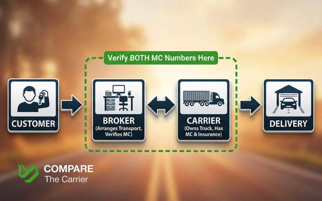 Flowchart illustrating the relationship between a customer, a broker, and a carrier in the auto transport process.