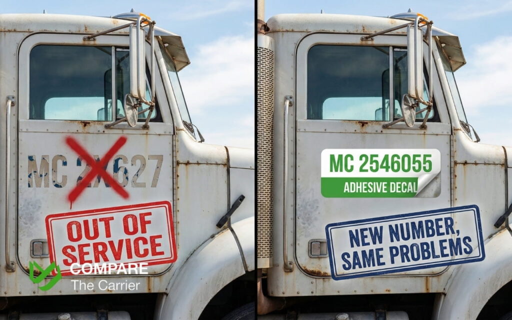 Visual metaphor showing an old truck with a revoked MC number trying to disguise itself with a new one.