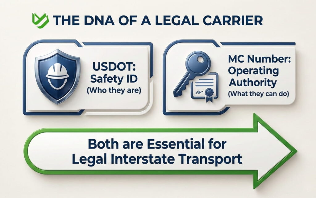 Infographic illustrating the difference between USDOT number for safety identification and MC number for operating authority.