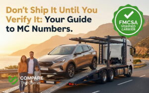 Family happily watching their car being loaded onto a professional car carrier truck at sunset, with an official verification badge.