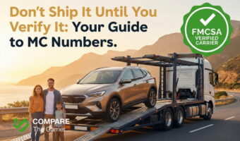 Family happily watching their car being loaded onto a professional car carrier truck at sunset, with an official verification badge.