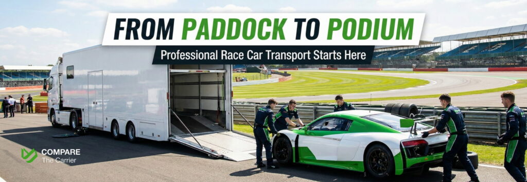 Race Car Shipping (2) A race car in the paddock after successful delivery, ready for the race track.